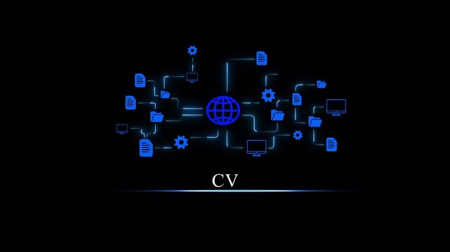 Digital Network Connection with Glowing Blue and Globe Centered in Dark Background for C V Presentation