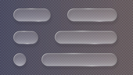 Fototapeta na wymiar Transparent glass buttons. Liquid glass design elements with morphism effect. Modern digital interface icons for web and app design with rounded frame and subtle shadow. Vector illustration