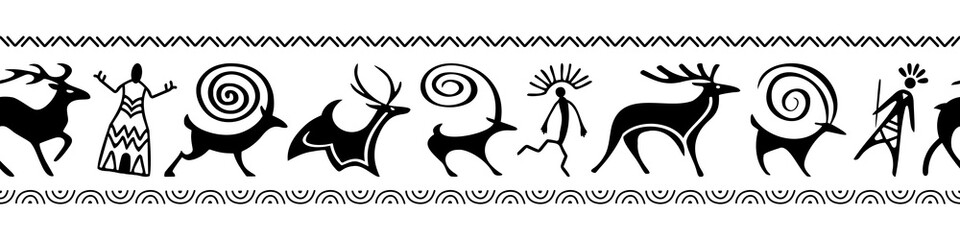 Ethnic seamless border on the theme of rock paintings, petroglyphs and geometric pattern, isolated on white background, vector design
