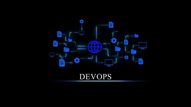 Dev Ops digital network with interconnected nodes and glowing blue on dark background DevOps glowing blue technology