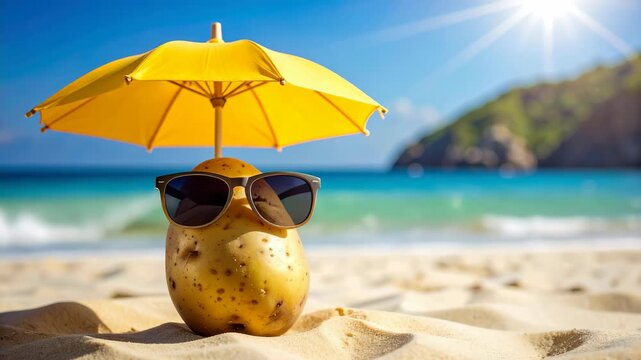 Funny potato wearing sunglasses and umbrella at the sunny beach with ocean and sky