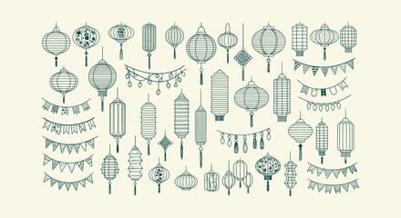 Decorative set of hand drawn Chinese lanterns and festive bunting flags vector line art elements © vectorial