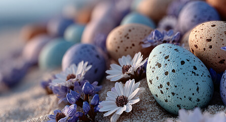 Obraz premium Colorful Easter eggs decorating a bed of delicate flowers