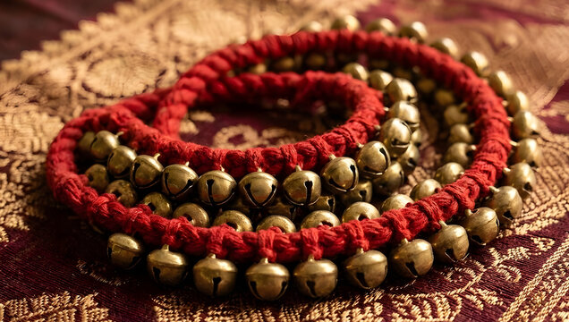 Traditional Indian classical dance ankle bells ghungroo on red silk fabric for Bharatanatyam and Kathak