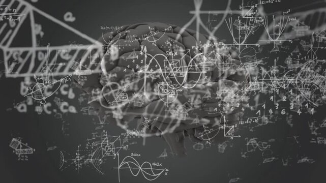 A human brain is surrounded by complex mathematical equations and abstract graphs representing deep thought and problem solving for scientific breakthroughs