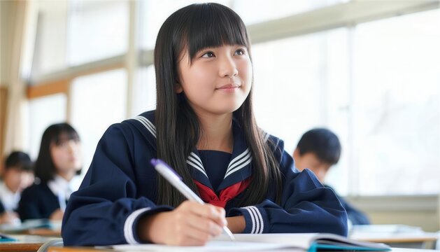 教室でペンを持ち笑顔で授業を受けるセーラー服の女子生徒