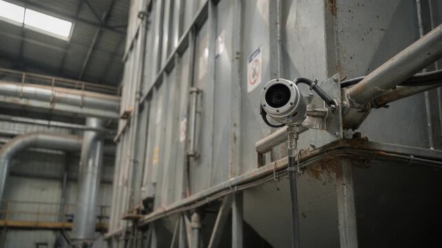 Medium shot of vibration sensor mounted on industrial baghouse equipment capturing realtime data for predictive maintenance to avoid filter failures.