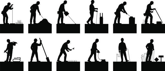 Construction worker silhouettes performing tasks, measuring, shoveling, bricklaying, concrete pouring, vector illustration for labor, industry, and building concepts