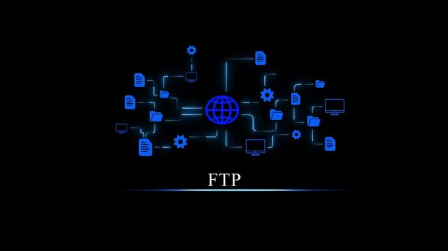 Futuristic digital network with interconnected devices and files illustrating F T P data transfer concept