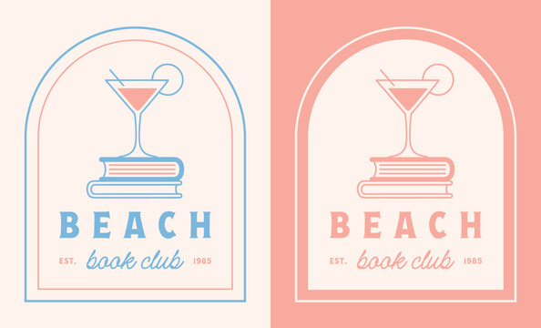 Beach book club cocktail coastal summer girls reading group martini logo funny bookish sticker shirt design. Girly pastel pink and blue aesthetic ocean vacation party theme illustration poster print.