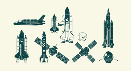 Set of Flat Vector Icons Representing Spacecraft, Rockets, Satellites, and Aerospace Technology © vectorial