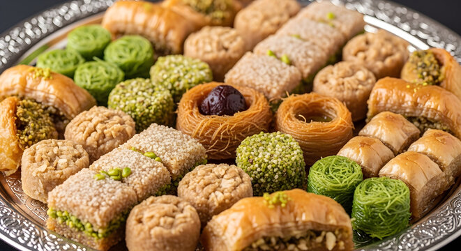 A Delicious Assortment of Middle Eastern Baklava Pastries Served on a Decorative Silver Platter, Offering a Sweet Treat