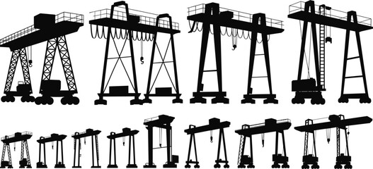 Industrial gantry crane silhouettes, heavy lifting equipment, construction machinery, port cargo handling, vector illustration for engineering and architecture projects