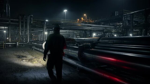 Nighttime patrol of pipeline network with handheld gas leak detector highlighting safety checks and equipment illumination in dimly lit industrial zones.