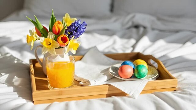 Woman reaching for croissant on breakfast tray with juice, flower and colorful Easter egg on bed. Morning meal in bed concept for festive spring holiday home.