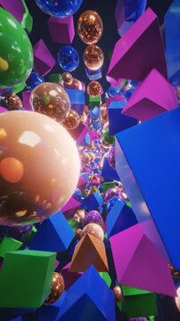 Abstract geometric shapes and spheres float in a colorful, dynamic composition