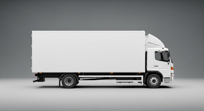 A side profile shot of a clean, white medium-duty delivery truck against a neutral grey studio background