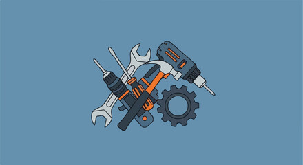 Collection of various tools and a gear on a blue background, representing industry and repair.