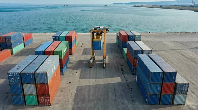 Container Crane Lifting Cargo at Maritime Port Terminal with Stacked Shipping Containers and Waterfront Operations