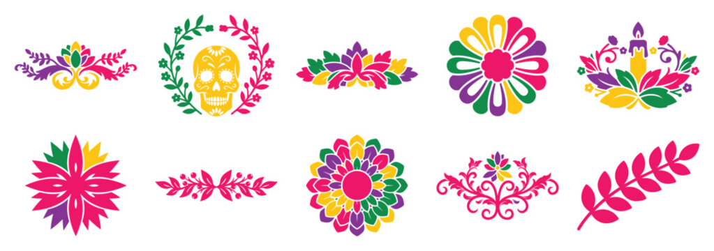 Mexican floral ornament decorative element set traditional colorful design vector collection
