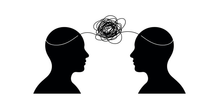 Two black silhouettes with tangled line between heads faces profile