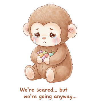 Punch monkey meme showing a cute monkey with tears holding colorful items while expressing a feeling of fear yet determination