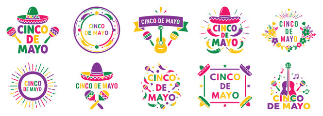 Cinco de mayo typography badge set with sombrero maraca guitar chili festive mexican celebration vector