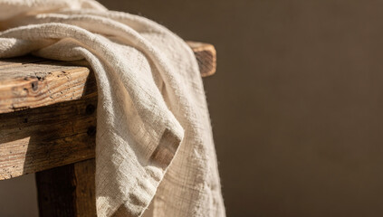 Farm table with linen cloth used for cooking and serving meals during a sunny day