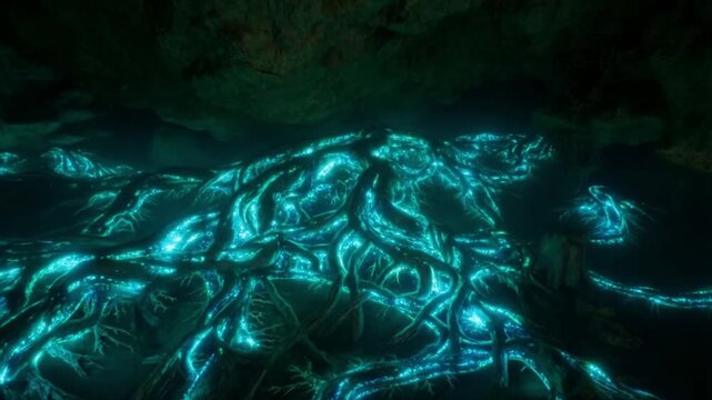 Extreme macro view of a vast, pulsating bioluminescent root network in a cavern, glowing in turquoise and emerald like celtic knots a biopunk concept of the earth's magical core