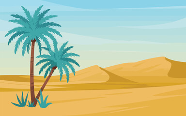 Desert Palm Landscape Poster, turquoise-green fronds on palm trees with brown trunks, desert sand in warm golden yellow, small tufts of grass at base