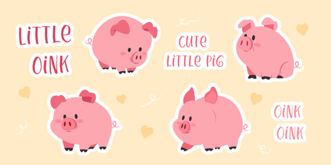 Cute little pig sticker collection with funny piglets hearts and playful lettering cartoon vector © Veronika