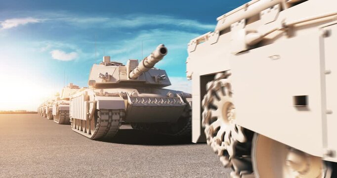 Modern military tanks advancing during a desert war operation. World War Related 3D Animation.