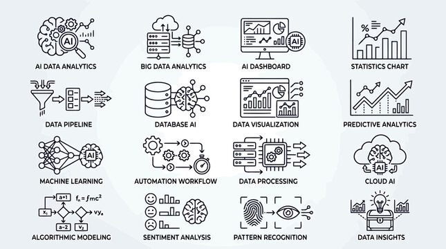 Set of 16 AI Data Analytics Vector Icons for Big Data, Machine Learning, and Business Intelligence Dashboards, Ideal for Technology Websites and Presentations