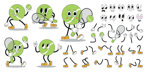 Naklejka premium Tennis ball groovy character. Funny retro style sport training mascot for athletes and children. Creature constructor with legs, hands, faces, neoteric vector kit