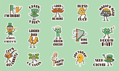 Fototapeta premium Saint patricks day groovy stickers. Retro style irelandish symbols with positive text. Decorative festive labels with gold horseshoe, ale beer, clover, neoteric vector set