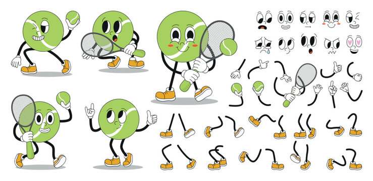 Tennis ball groovy character. Funny retro style sport training mascot for athletes and children. Creature constructor with legs, hands, faces, neoteric vector kit