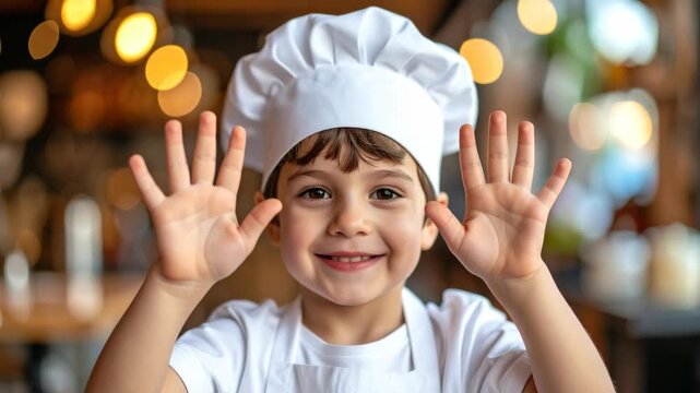 Young boy wearing chef hat and apron smiles holding up his hands