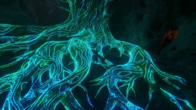 Extreme macro view of a vast, pulsating bioluminescent root network in a cavern, glowing in turquoise and emerald like celtic knots a biopunk concept of the earth's magical core