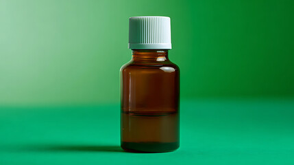 Obraz premium Amber Glass Bottle with White Cap on a Vibrant Green Background: Healthcare, Wellness, and Natural Products Container Studio Still Life