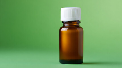Fototapeta premium Amber glass bottle with white cap standing against a vibrant green background, perfect for showcasing natural remedies or beauty products