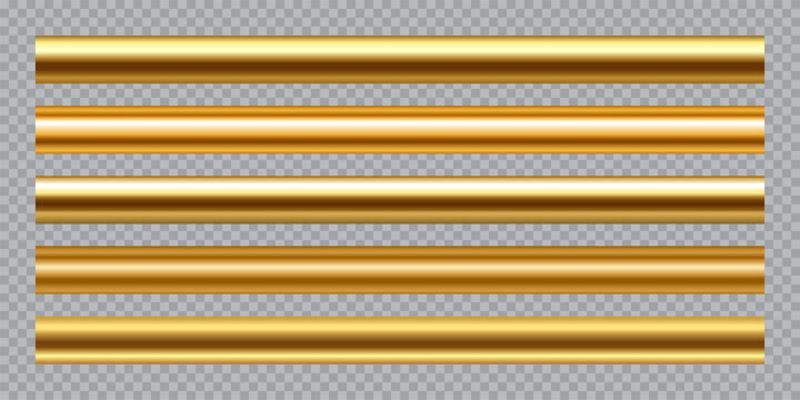 Gold metal pipes set. Metallic golden rods cylindrical forms with smooth highlights, dark light reflections in parallel horizontal arrangement. Industrial tubes. Realistic vector illustration.