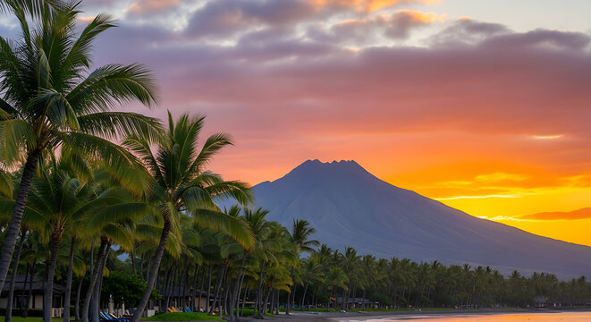 Palm Trees Sunset Mountain Background Exotic Tropical View
