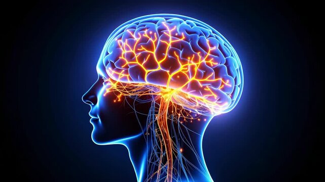 Abstract 3D rendering of a glowing human brain with illuminated neural pathways against a dark background