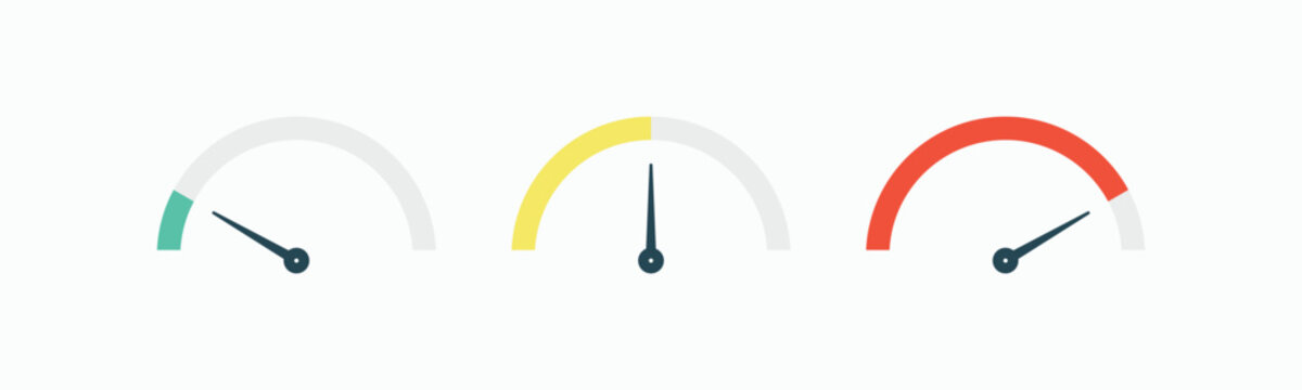 Three minimalist progress indicators on a light background. Each gauge shows different levels of completion. Green, yellow, and red hues suggest performance or status