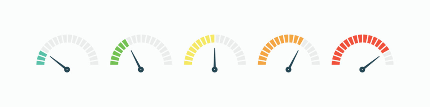 Set of segmented speedometer gauge icons with colorful levels. Performance indicator vector for credit score, risk assessment, speed measurement, and dashboard progress tracking