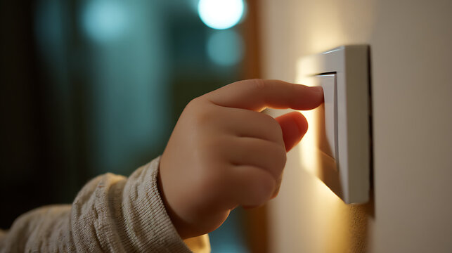 Little Child's Hand Switches Light On or Off, Close-Up View of Child's Finger on Electrical Button, Kid Play with Home Technology Control Device