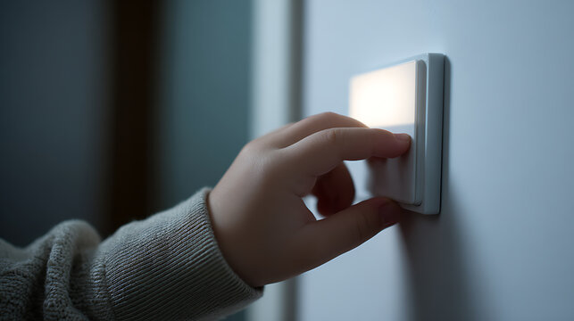 Child Hand Close Up Press Light Switch on Wall in Dark Room Early Morning or Night Time, Concept of Power, Energy Saving