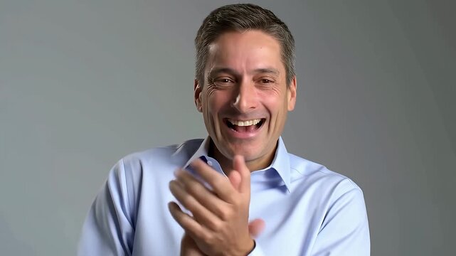 Man enthusiastically clapping hands and laughing, conveying joy and approval in a studio shot with neutral.