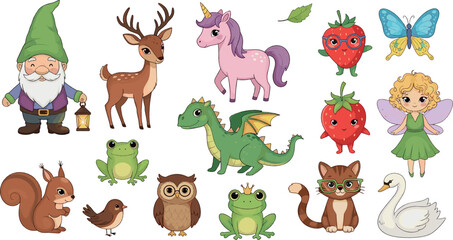 Fototapeta premium Cute fantasy and woodland characters vector set with gnome, unicorn, dragon, fairy, animals and nature cartoon illustration