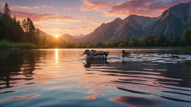 Scenic sunset over a serene lake with ducks swimming, mountains in the background, and vibrant sky